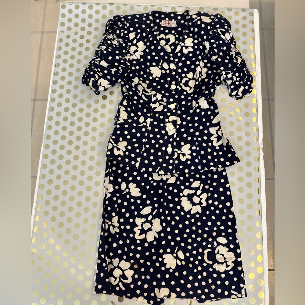 R&K original Elegant 2 piece Navy Floral Polka Dot Dress